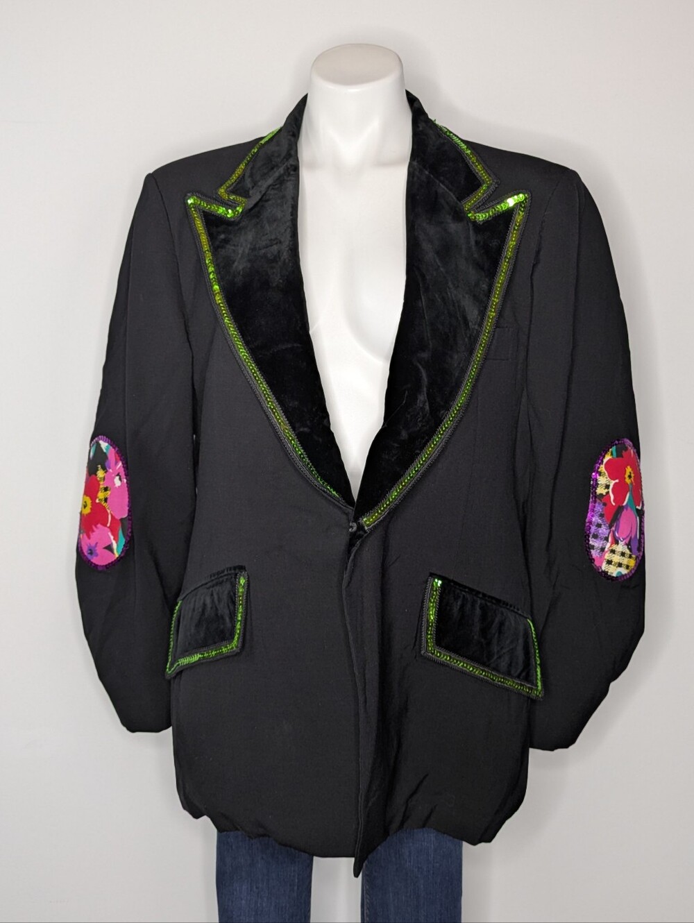 Vintage After Six Black Green Pink Floral Elbow Pad Sequin Lined Novelty Jacket